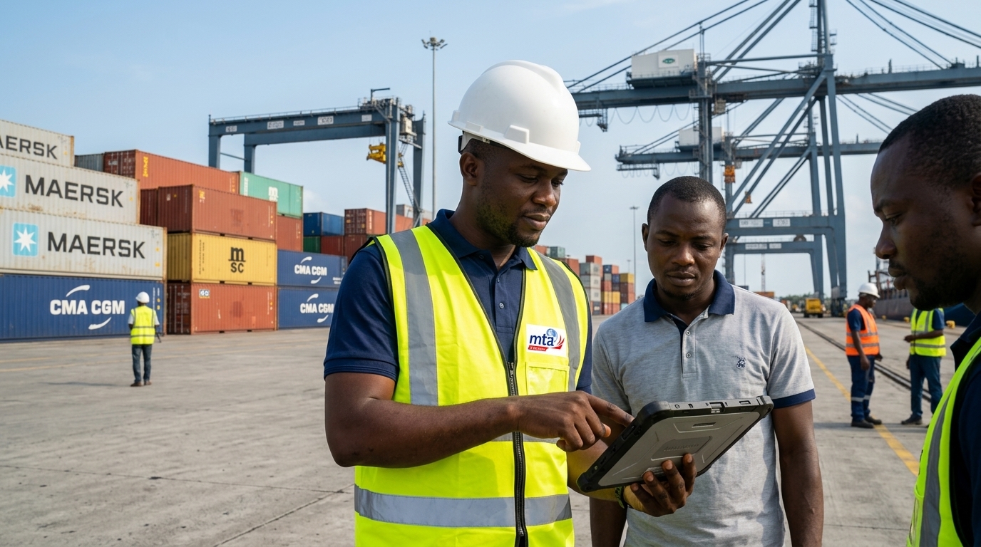 Agent agréé et inspecteur douanier vérifiant les déclarations CAMCIS au port