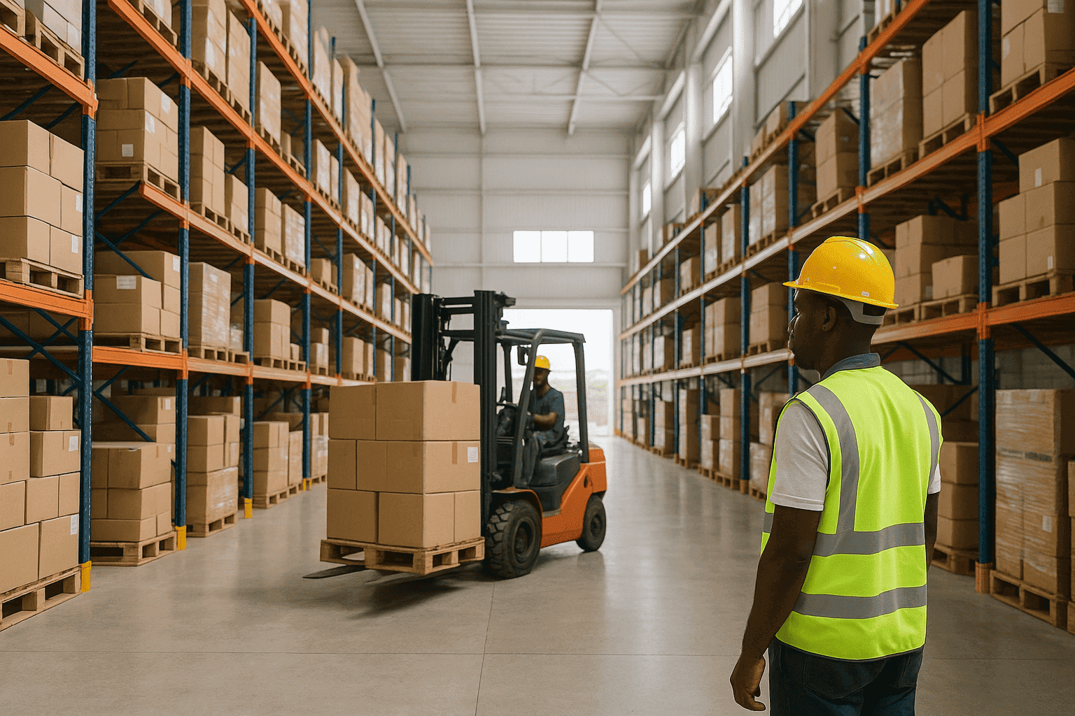 Entrepôt de stockage avec rayonnages, palettes et chariot élévateur