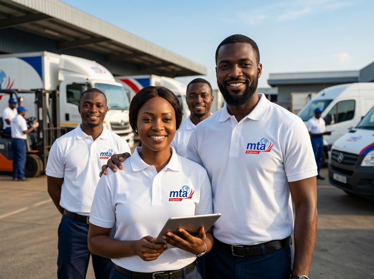 Responsable logistique MTA Express suivant les stocks sur une tablette devant l'entrepôt