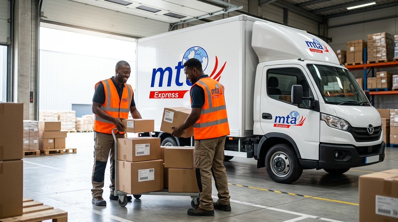 Deux agents MTA Express chargent des colis dans un camion MTA