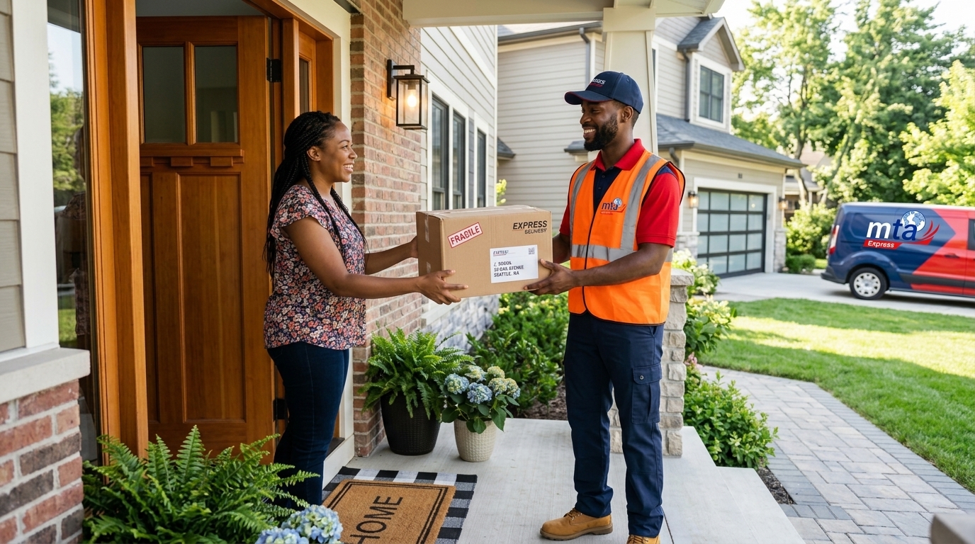 Un livreur MTA Express remet un colis à une cliente souriante devant chez elle