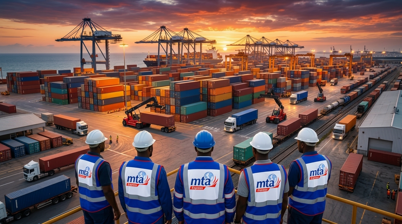 Équipe MTA Express en gilets aux couleurs de l'entreprise, face au port