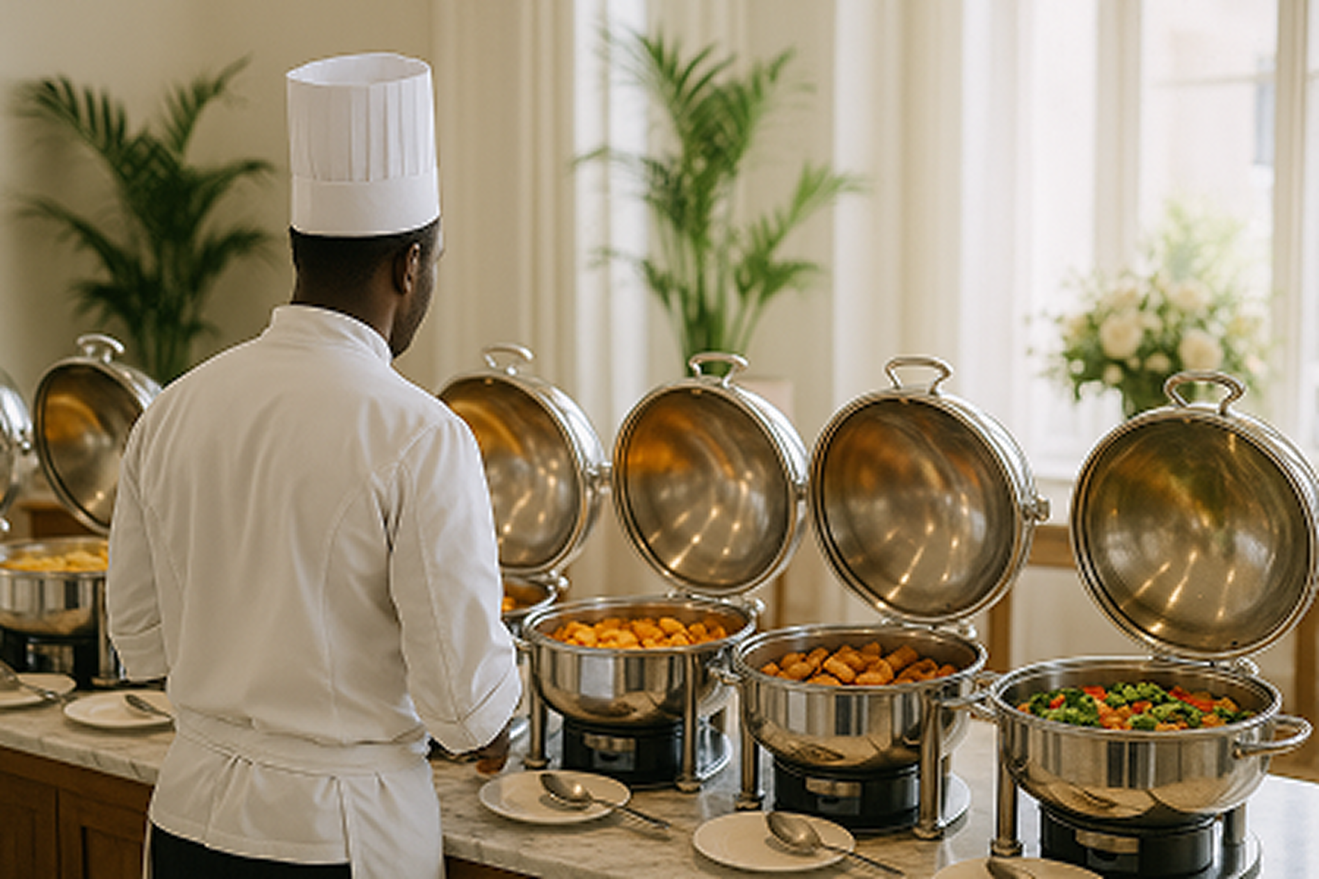 Chef cuisinier MTA dressant un buffet de plats chauds