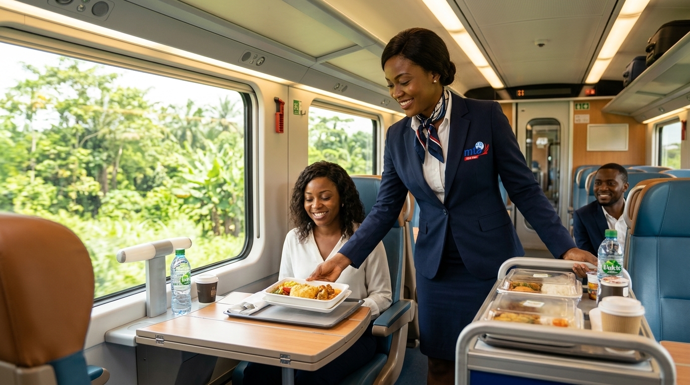 Hôtesse MTA Express accueillant les voyageurs à bord d'un train CAMRAIL
